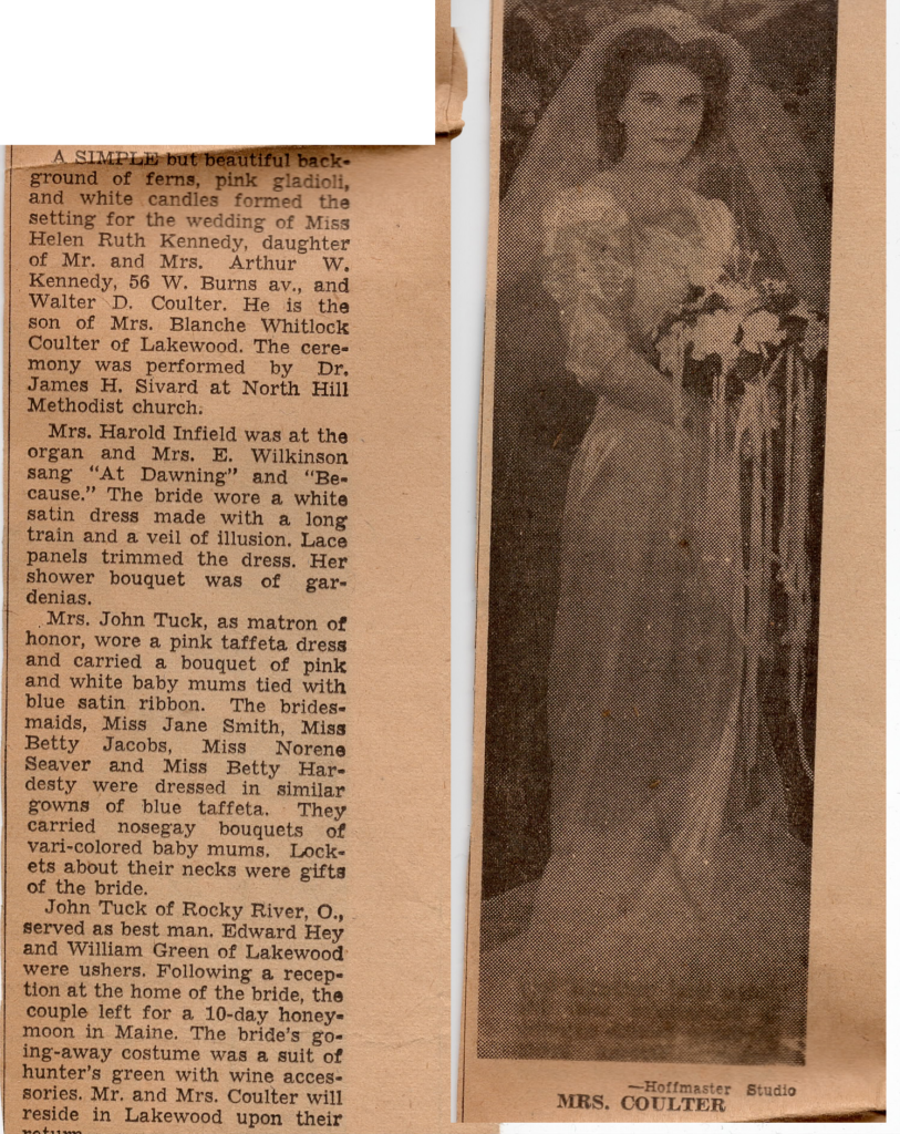 Newspaper article describing wedding of Helen Ruth Kennedy and Walter Coulter