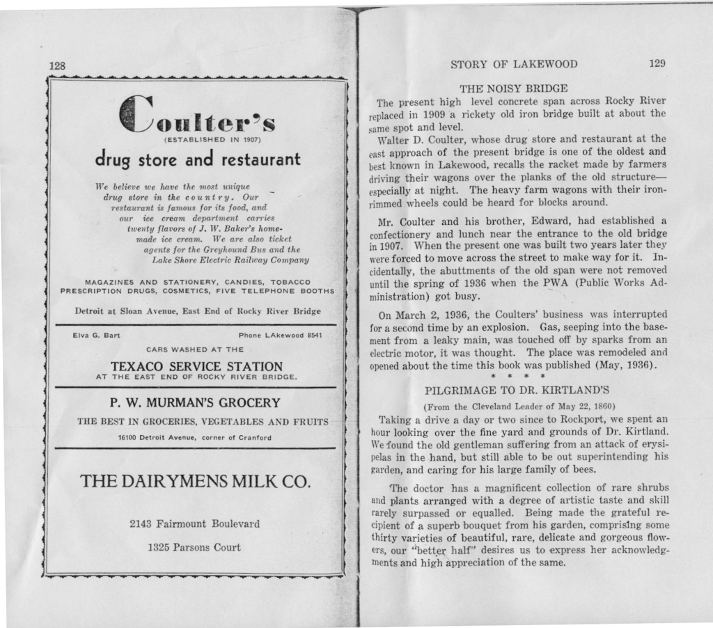 Description of Coulter's restaurant and drug store in Lakewood, Ohio